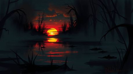 A captivating digital sketch depicting an eerie, yet beautiful, sunset reflection in a calm pond.  Loose painterly strokes an