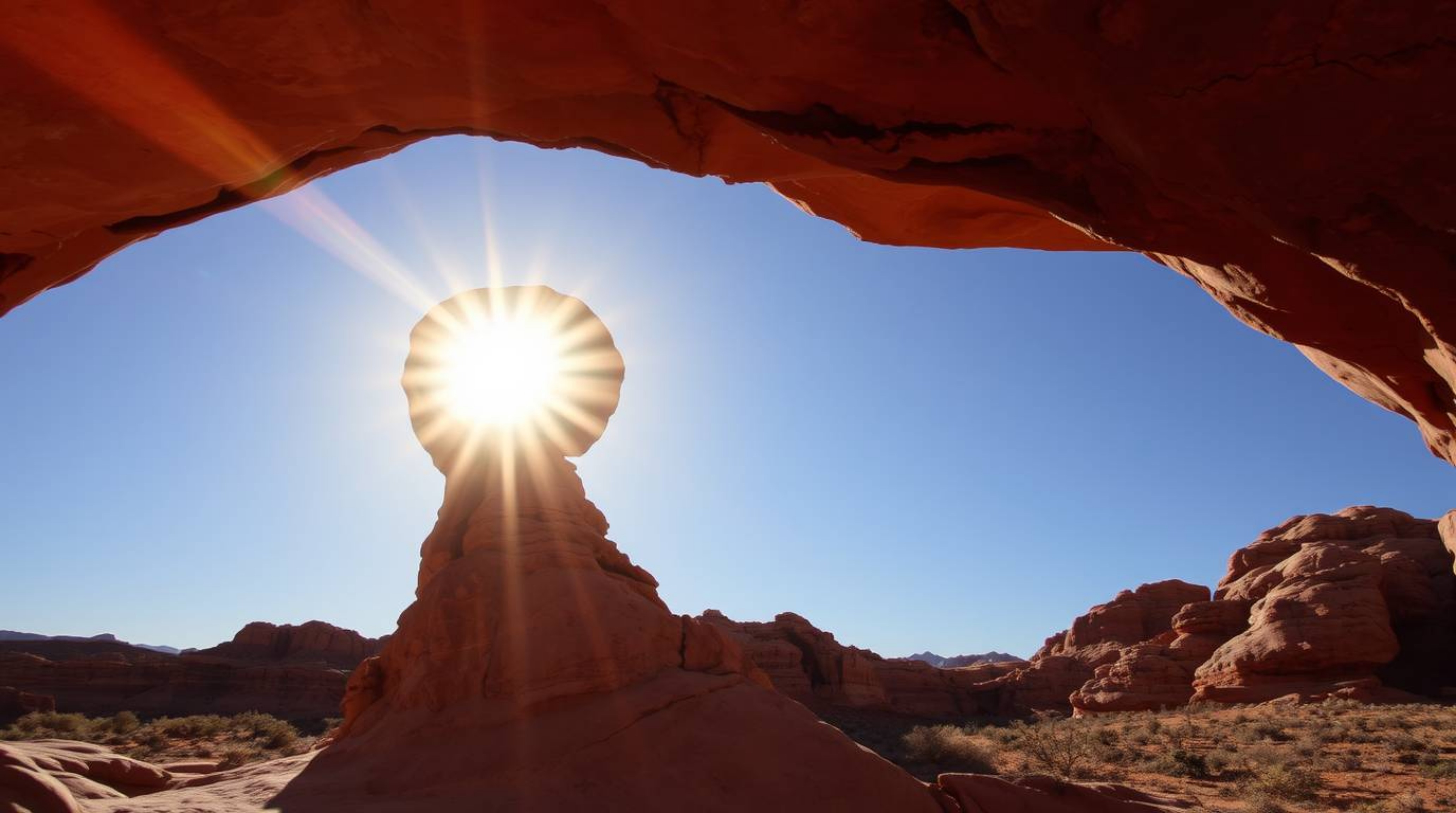 A captivating low-angle photograph captures a vibrant sunset viewed through a majestic desert rock arch. The image showcases 