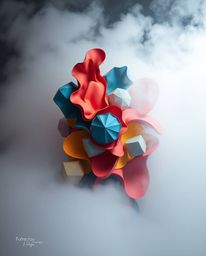 A dramatic, cinematic papier-mâché sculpture enveloped in thick fog showcases colorful 3D fluid shapes interacting dynamicall