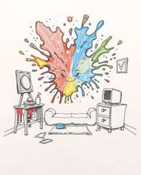 Immerse yourself in a vibrant and captivating world where a room explodes with paint in an adorable, hand-drawn sketch style.