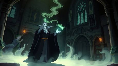 An isekai anime style image depicting a classic Disney villain casting a spell within the confines of an old castle, rendered