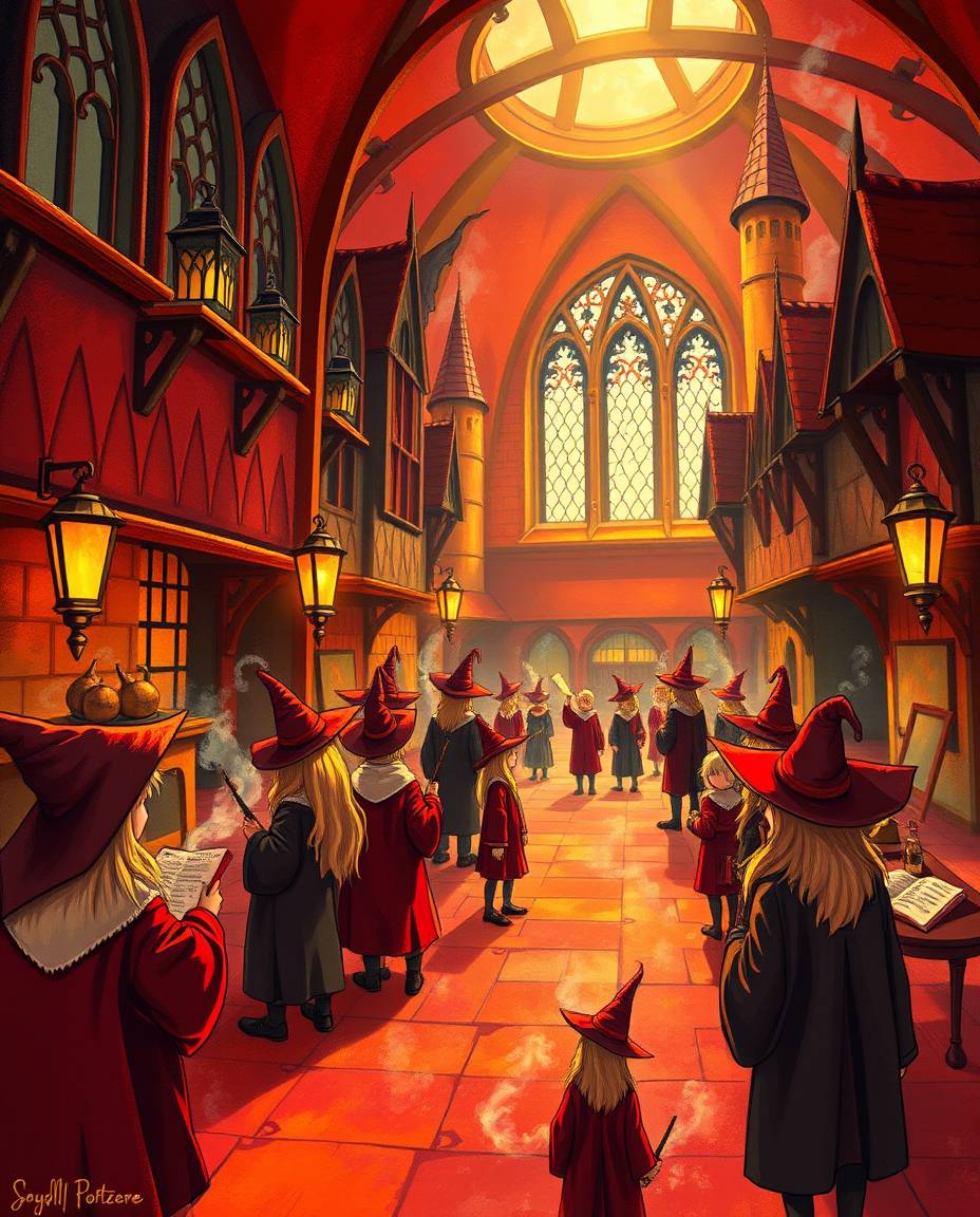 Immerse yourself in a vibrant depiction of a magical school teeming with young wizards. This scene emphasizes warm and inviti