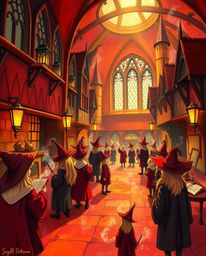 Immerse yourself in a vibrant depiction of a magical school teeming with young wizards. This scene emphasizes warm and inviti