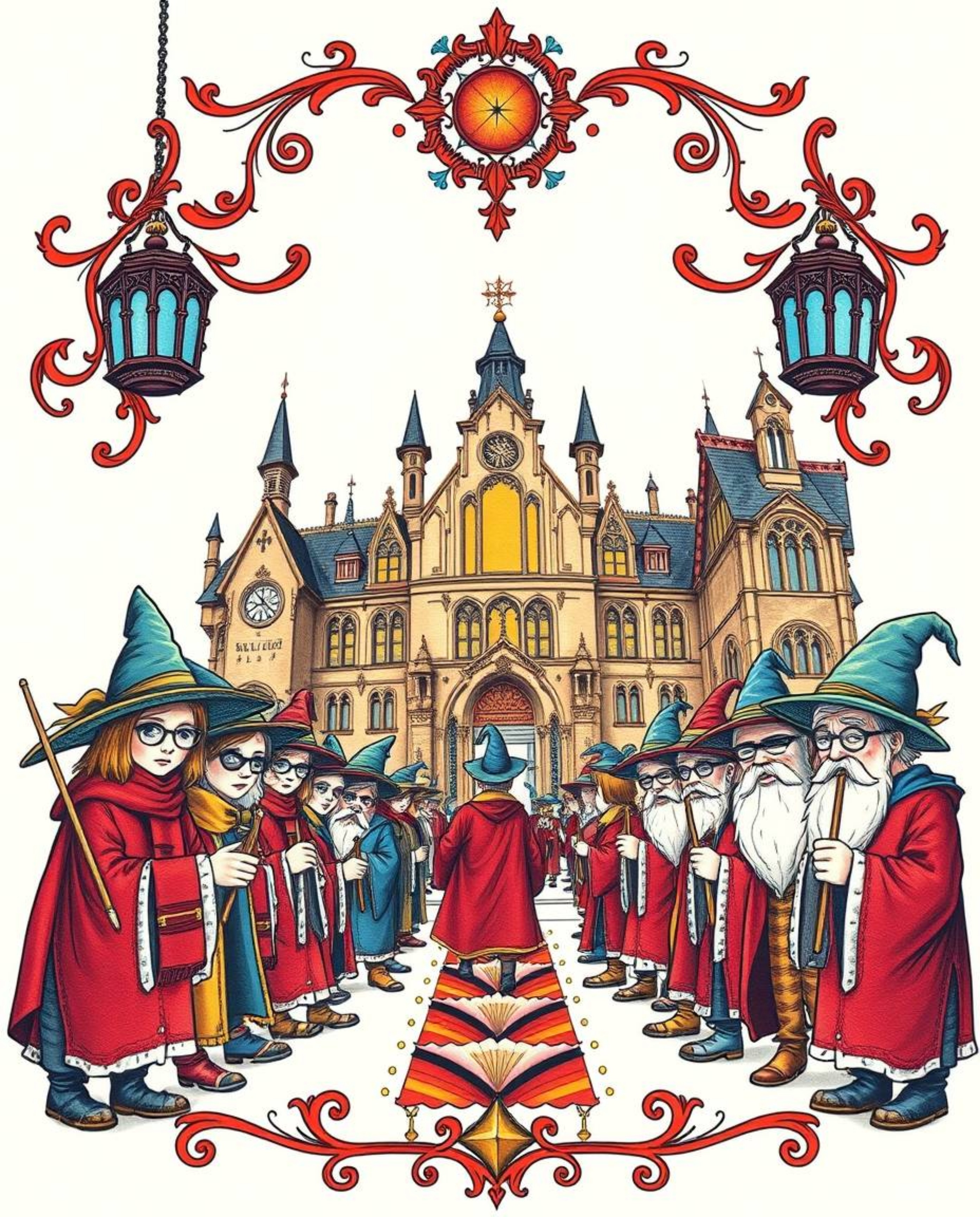 A vibrant, retro-style tattoo art print depicts a magical school brimming with young wizards.  The low-angle perspective, com
