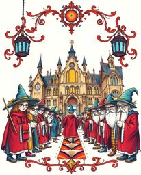 A vibrant, retro-style tattoo art print depicts a magical school brimming with young wizards.  The low-angle perspective, com