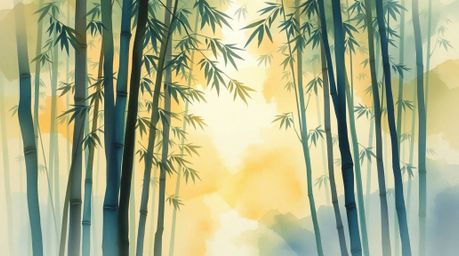 This delicate watercolor painting captures the serene beauty of a bamboo forest bathed in the warm glow of sunset light. The 