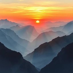 Experience the breathtaking beauty of a delicate watercolor painting depicting a majestic sunset over a tranquil mountain val