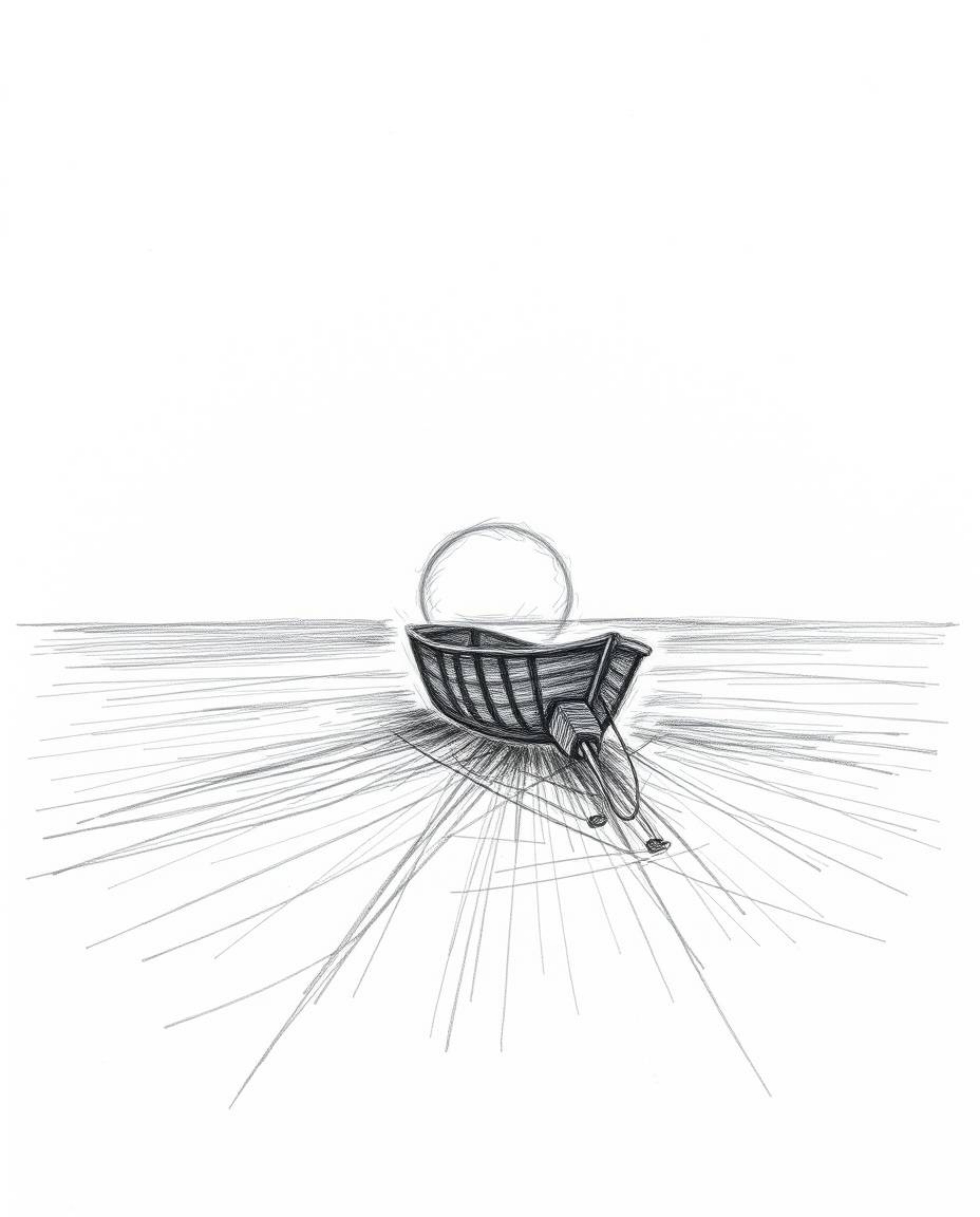 An extreme macro close-up, hand-drawn pencil sketch captures a boat drifting on a lake at sunset. The artwork is characterize