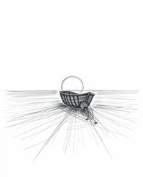 An extreme macro close-up, hand-drawn pencil sketch captures a boat drifting on a lake at sunset. The artwork is characterize
