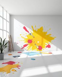 This artwork features a modern flat design showcasing a room seemingly exploding with paint.  Utilizing simple, two-dimension