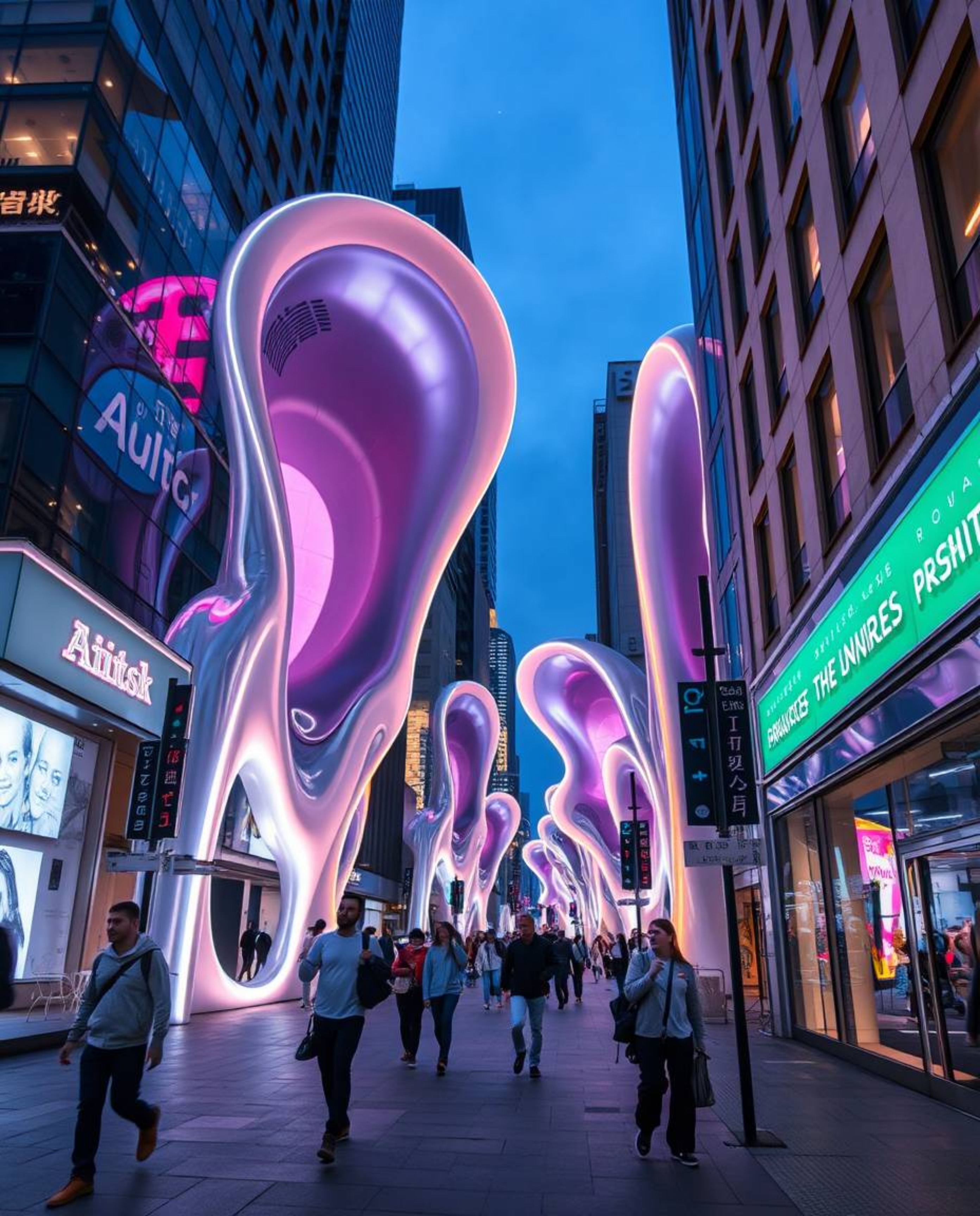 Explore captivating candid street photography featuring futuristic 3D fluid shapes with glowing edges, set against dynamic ur