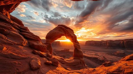 Experience the breathtaking beauty of a desert sunset framed by a natural rock arch. Radiant golden light spills across the l