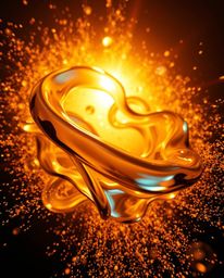 Experience the mesmerizing flow of glassy, fluid 3D shapes gracefully moving amidst a radiant swarm of glowing particles. Thi