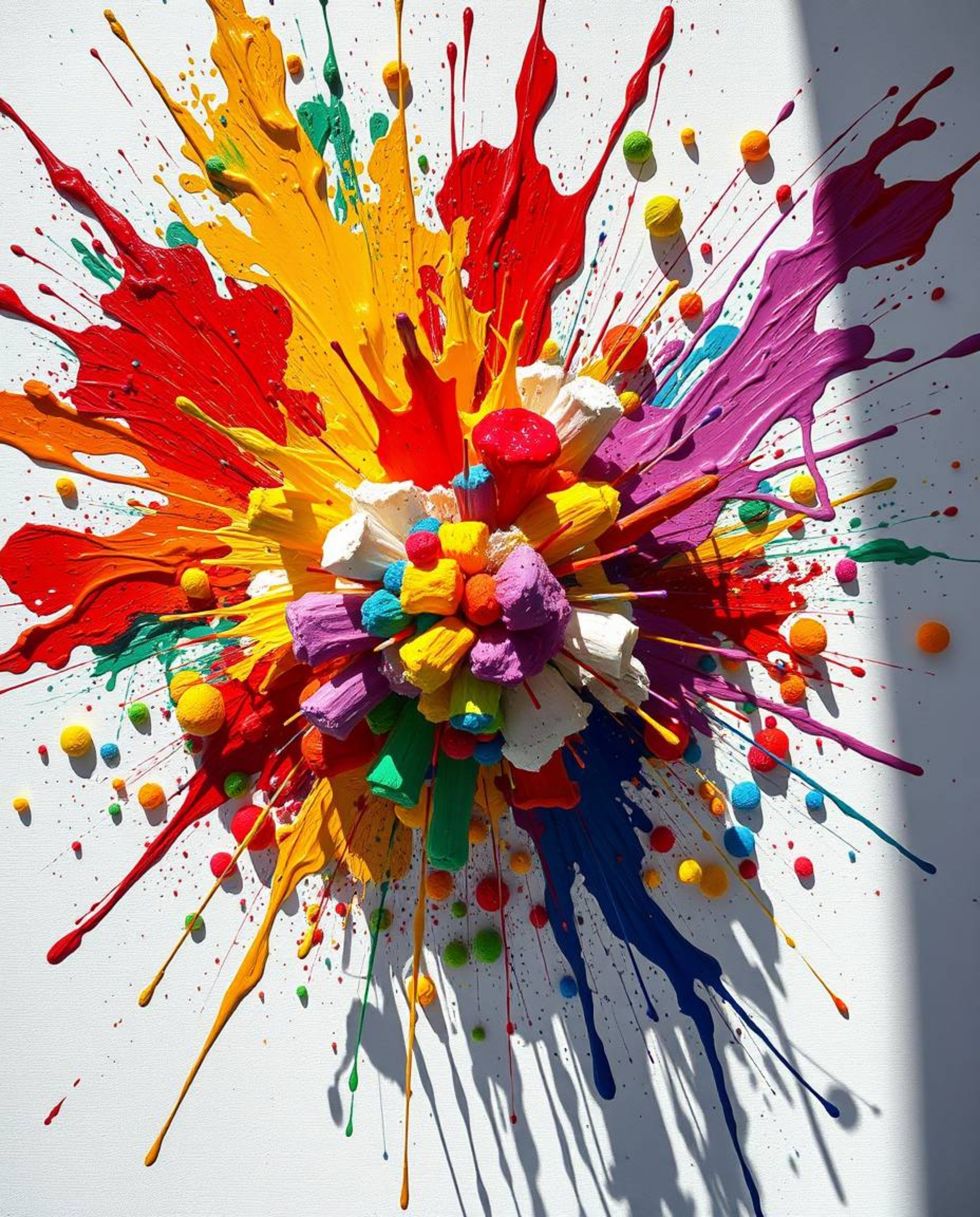 Experience a vibrant explosion of color as paint splashes across a pristine white canvas in this highly detailed abstract art
