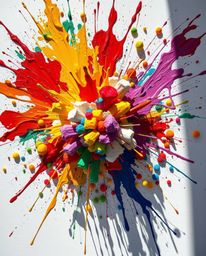 Experience a vibrant explosion of color as paint splashes across a pristine white canvas in this highly detailed abstract art