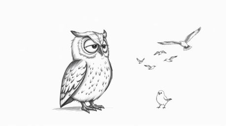 A captivating hand-drawn sketch in the style of Pixar depicts a blind owl, rendered with soft, textured pencil strokes agains