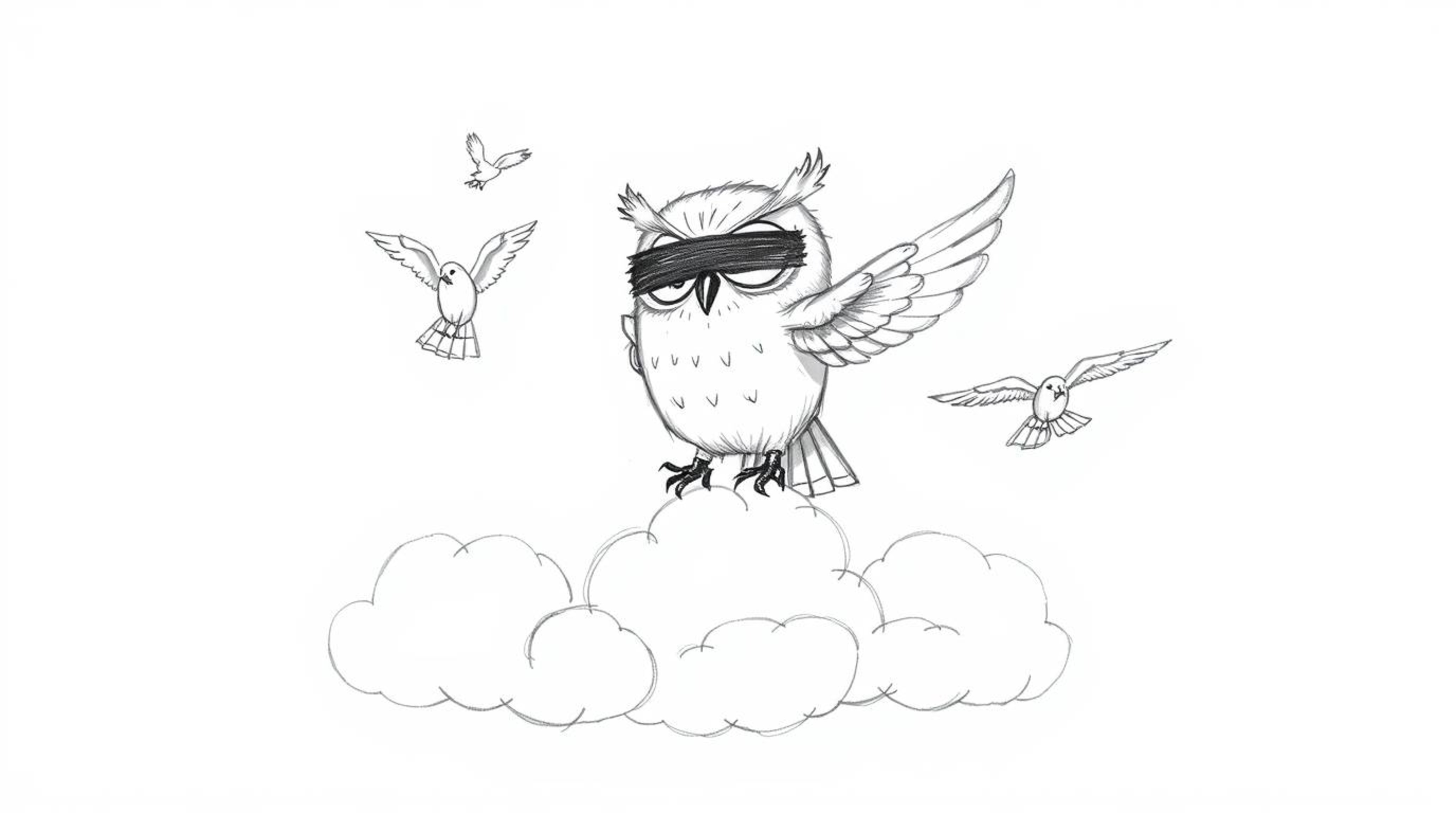 A heartwarming Pixar-style hand-drawn sketch depicts a blind owl with expressive eyes, passionately teaching birds to fly ami