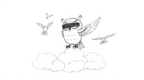 A heartwarming Pixar-style hand-drawn sketch depicts a blind owl with expressive eyes, passionately teaching birds to fly ami