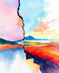 Explore a stunning digital glitch landscape breaking apart, rendered as a delicate watercolor painting bursting with electric