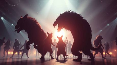 Experience an epic, modern, and futuristic scene of an animal dance party illuminated by vibrant disco lights.  Silhouetted a