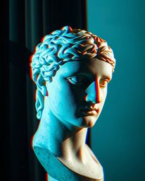 Explore the captivating fusion of classic art and modern digital disruption in this high-contrast, low-key lighting image. A 