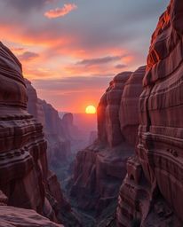 An epic, large-scale photograph captures the heroic scene of a sunset illuminating sandstone cliffs within a canyon. This pie