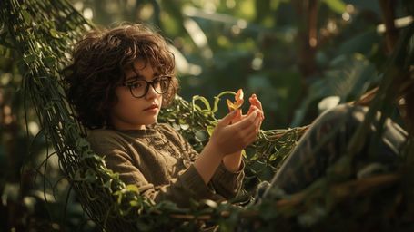a warmly lit, cinematic photograph of a bespectacled, curly-haired homeschooled genius, perhaps around 12-13 years old, with 