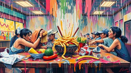 This acrylic painting captures a chaotic yet captivating scene of a wild food fight erupting in a cartoon cafeteria. The artw
