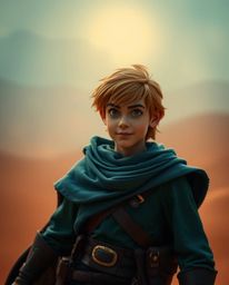 Embark on a captivating desert adventure with a brave hero, reminiscent of classic Disney animation. The scene is bathed in r