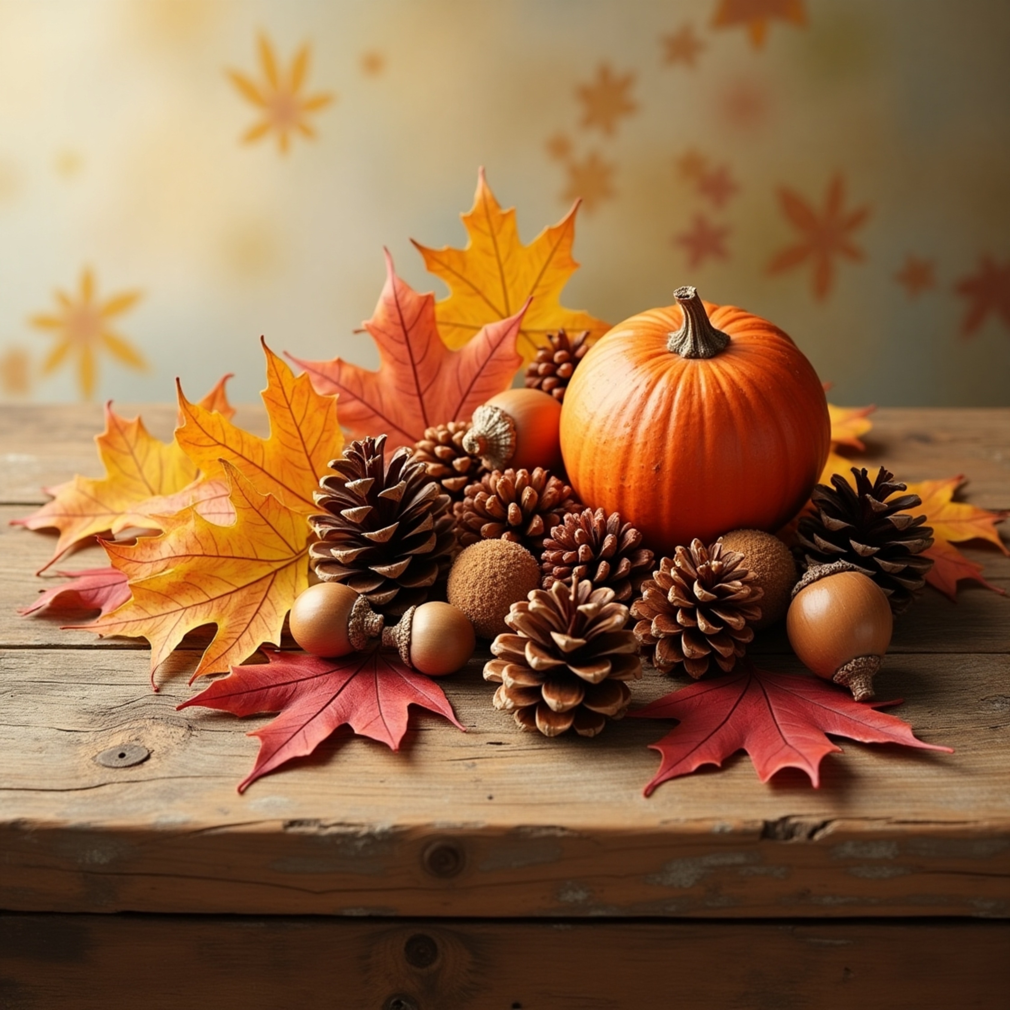 Capture the essence of autumn with this rustic still life featuring a weathered wooden table adorned with a warm, golden-brow