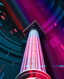 A captivating high-angle shot showcases a classical sculpture infused with a vibrant glitch effect.  The digital corruption t