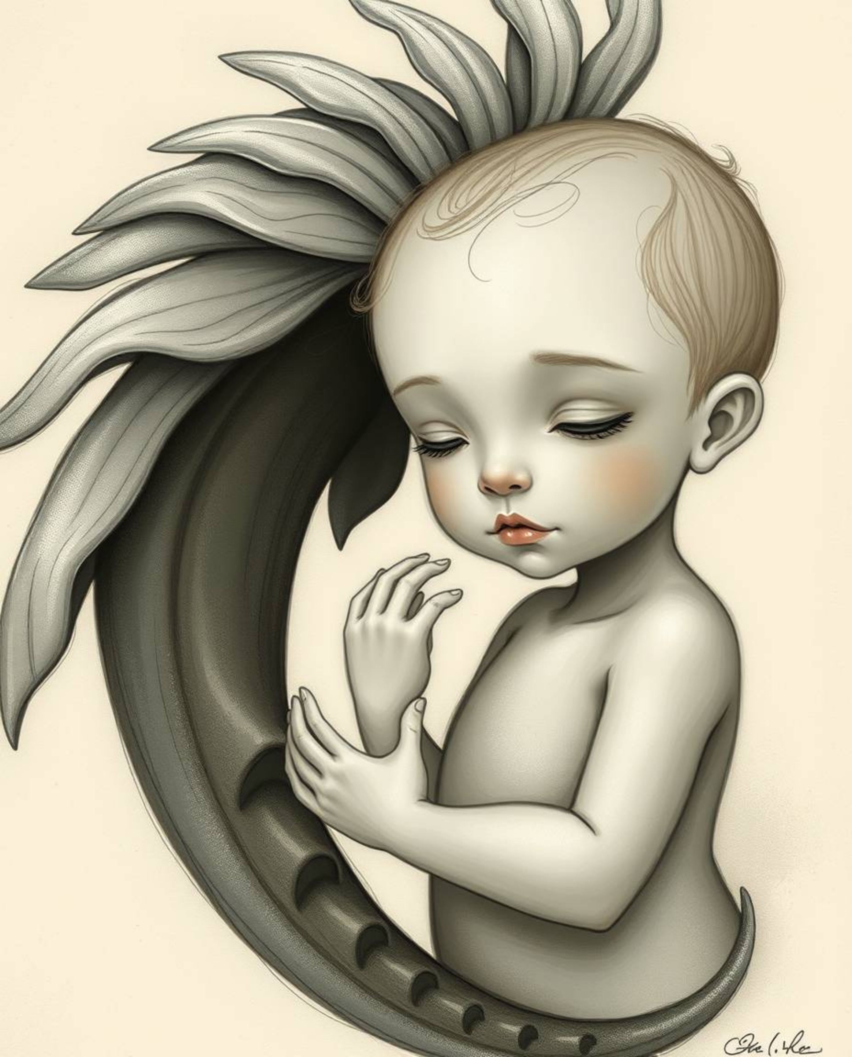 A captivating image depicts an elegant sea creature with flowing fins befriending a child.  The scene is rendered in a strong