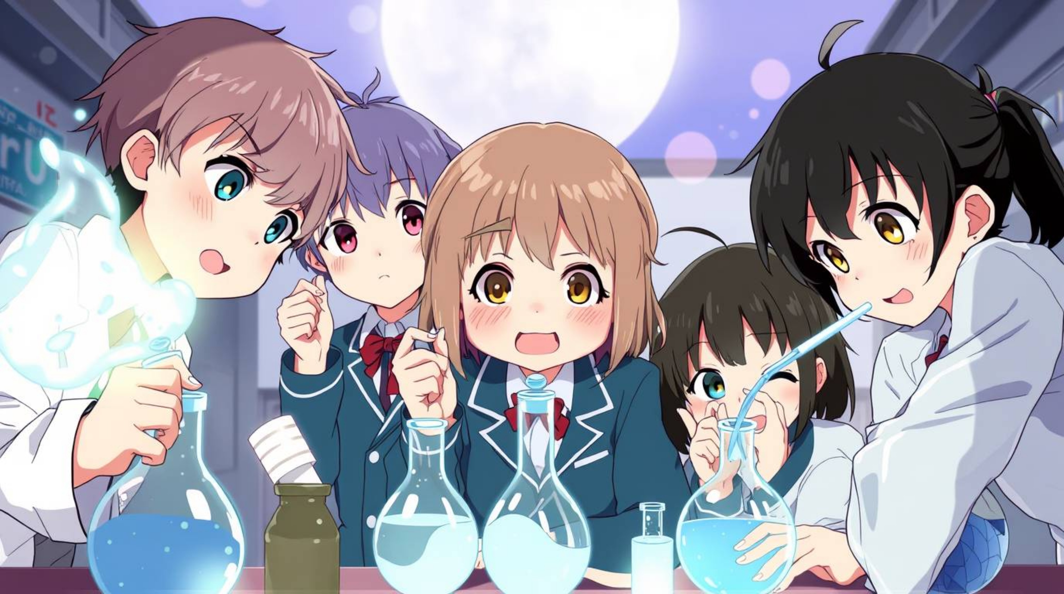 A captivating Isekai-style anime illustration showcases a group of expressive, quirky children in school uniforms, fully imme