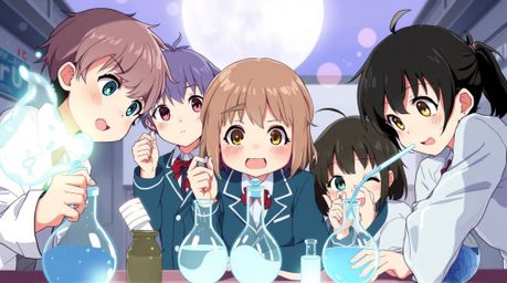 A captivating Isekai-style anime illustration showcases a group of expressive, quirky children in school uniforms, fully imme