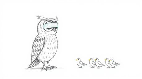 A hand-drawn pencil sketch depicts a blind owl, reminiscent of Pixar's animation style, set against a clean white background.