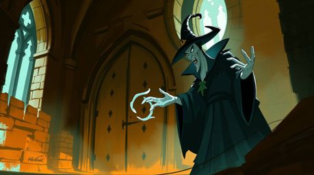 This concept art depicts a classic Disney villain casting a spell within an old castle setting. The scene utilizes a color pa