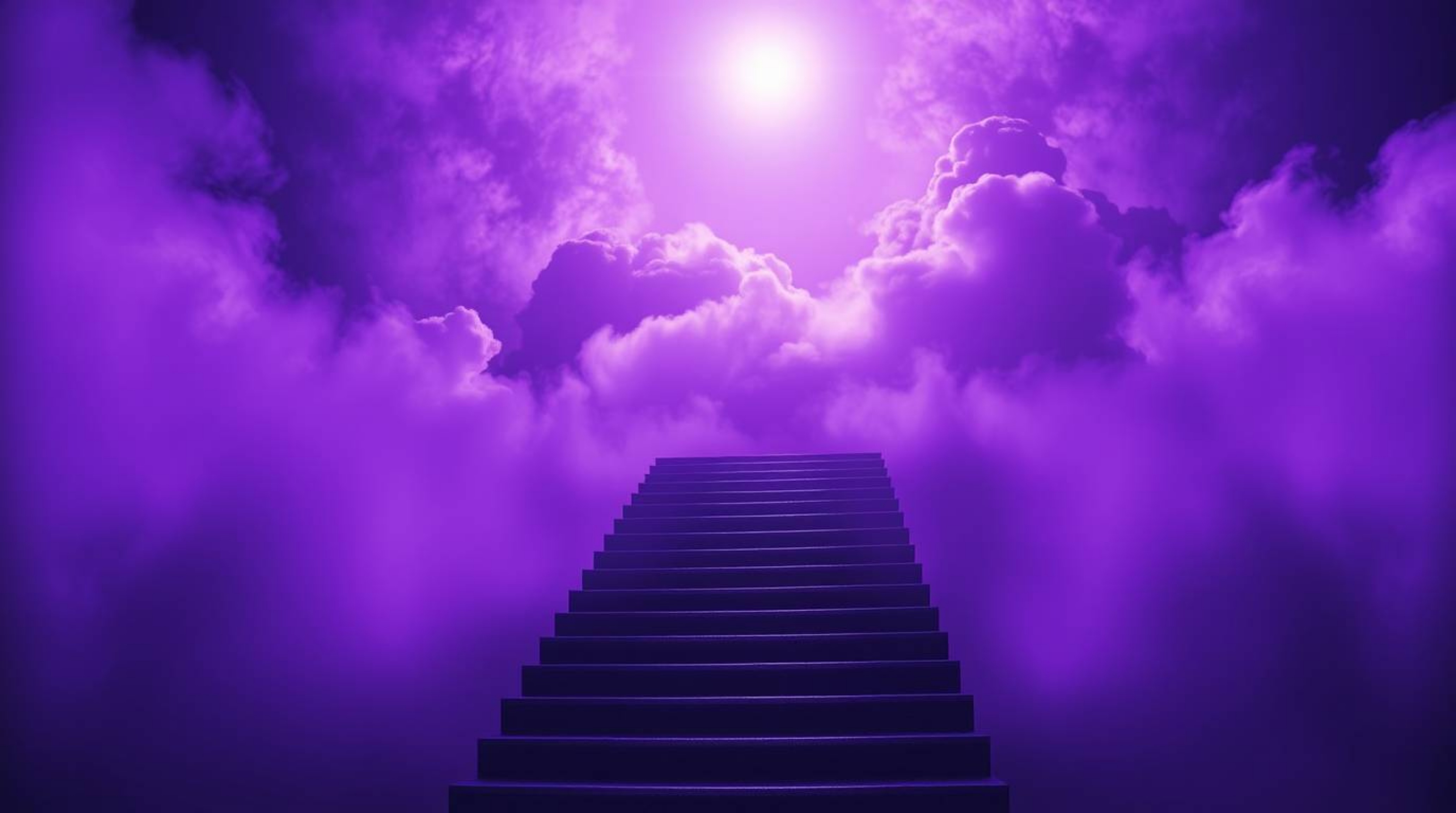A captivating surreal photograph depicts a stairway ascending through smoky clouds towards a radiant celestial light.  Deep u