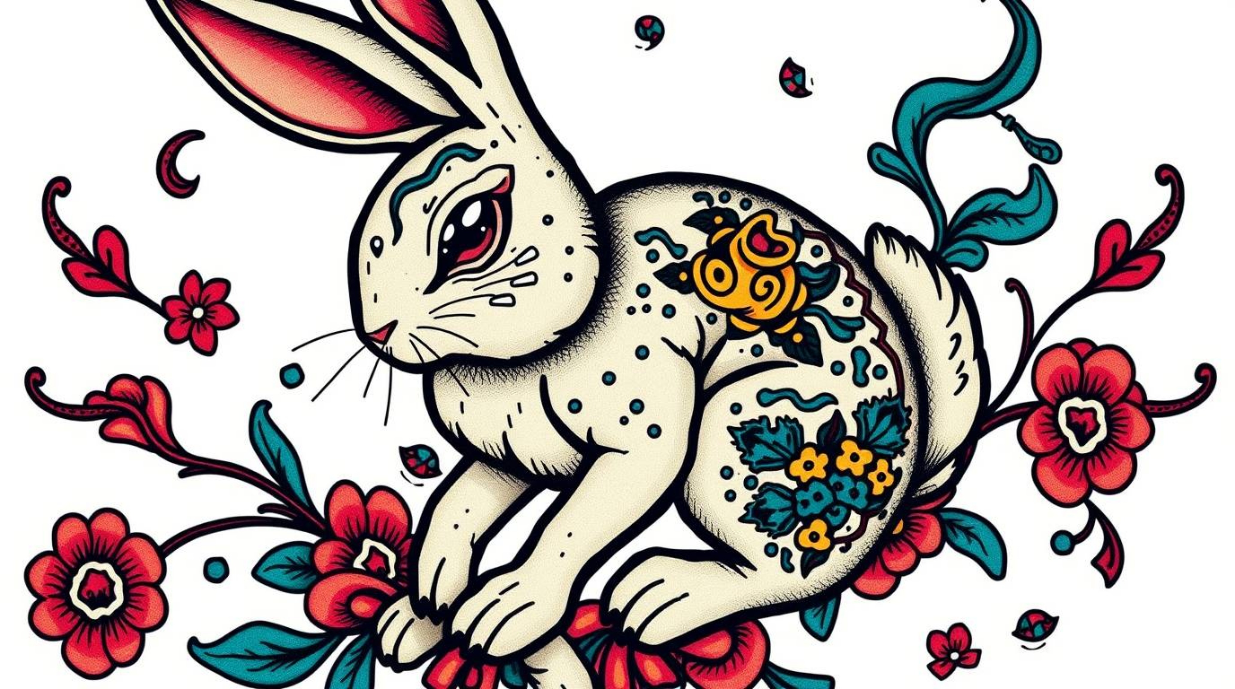 Explore this vibrant and detailed traditional tattoo design featuring a wacky rabbit with intricate patterns, bold outlines, 