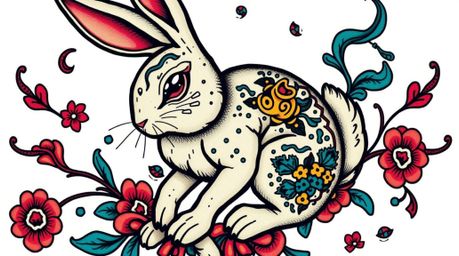 Explore this vibrant and detailed traditional tattoo design featuring a wacky rabbit with intricate patterns, bold outlines, 
