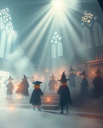 Discover a magical school brimming with young wizards, rendered in a modern flat design with an ethereal spiritual vibe.  Vol