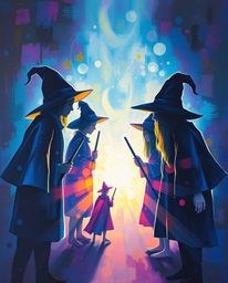 Immerse yourself in the ethereal and spiritual vibe of this bold acrylic painting. Silhouetted young wizards in a magical sch
