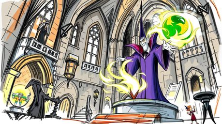 An epic hand-drawn sketchnote depicts a classic Disney villain casting a powerful spell within the ancient walls of a castle.