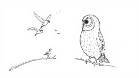A heart-warming hand-drawn sketch, reminiscent of Pixar's style, portrays a blind owl selflessly teaching birds how to fly. T