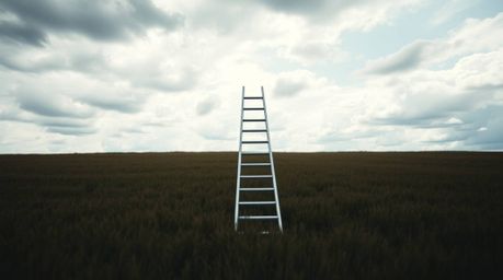 A minimalist scene featuring a silver ladder in an open field beneath a cloudy sky, serving as an abstract metaphor for oppor