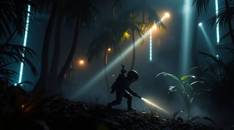 Explore a moody, futuristic sci-fi scene rendered with volumetric lighting.  A bug-sized hero bravely navigates a dense backy