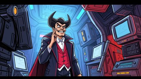 A humorous hand-drawn sketch depicts a villain experiencing a dramatic comedic breakdown within a futuristic, high-tech lair.