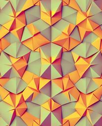 This vibrant seamless geometric pattern features a distinct split, intricate origami style design composed of hexagons and tr