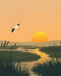 A modern flat design illustration of a Golden hour wetlands scene with herons in flight. This artwork is characterized by its