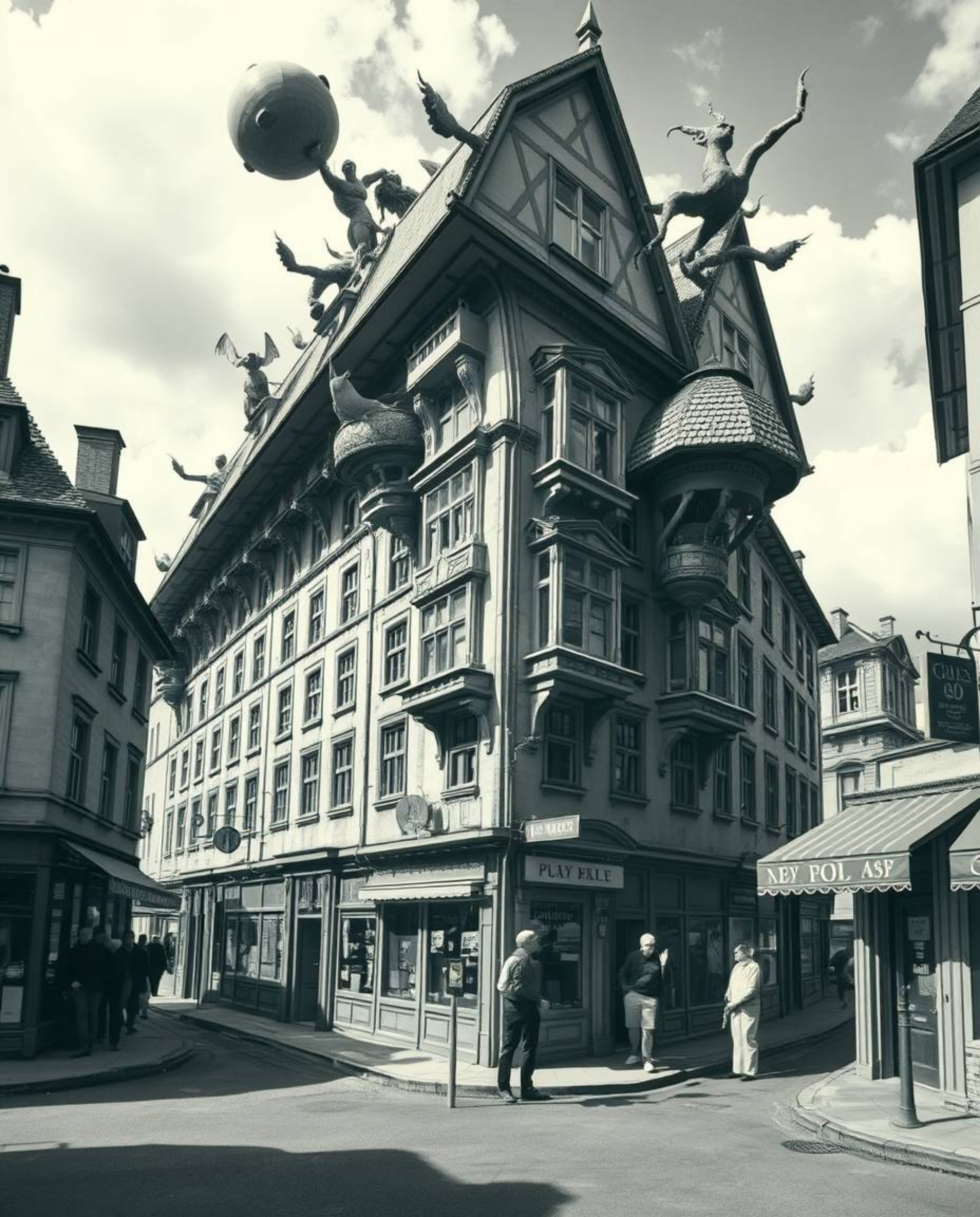 Experience a captivating surreal street scene rendered in classic black and white.  Dreamlike imagery unfolds with fantastica