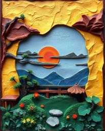 Sculpted papier-mâché artwork depicting a sunset over a serene Zen garden: textured layers, emphasizing the material's unique